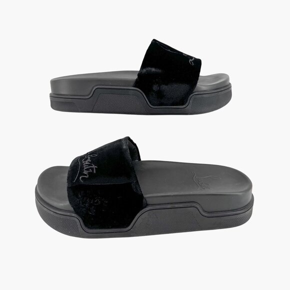 Christian Louboutin 'Navy Pool' Slide Sandals Size 37 US 7 Black Velvet Logo 34 - Picture 8 of 12